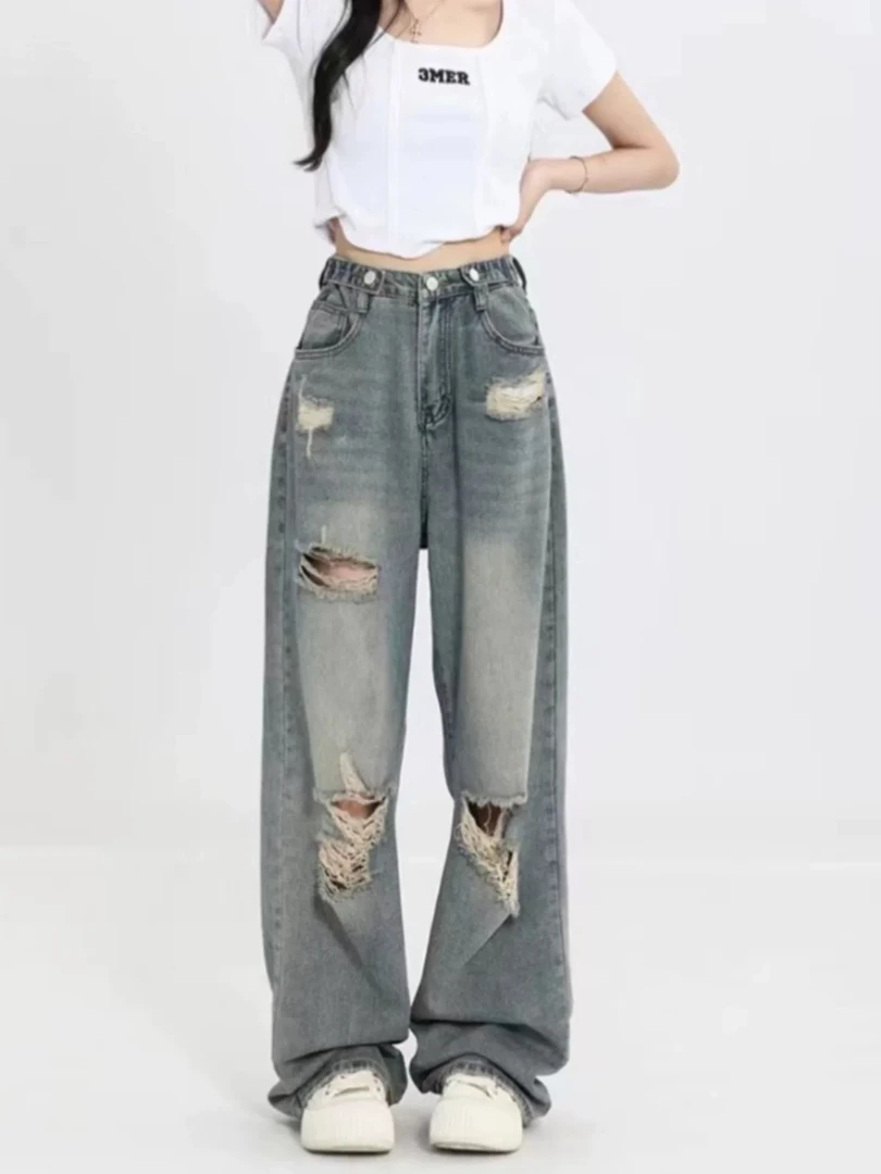 高腰阔腿裤牛仔裤女长裤破洞水洗夏季默认瑕疵