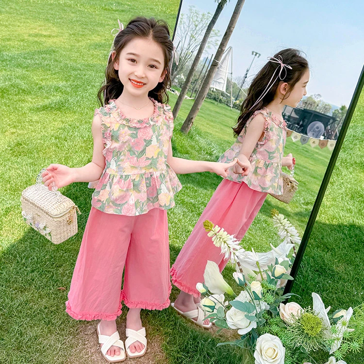 女童洋气套装2025夏装新款网红童装甜美碎花娃娃衫加阔腿裤两件套