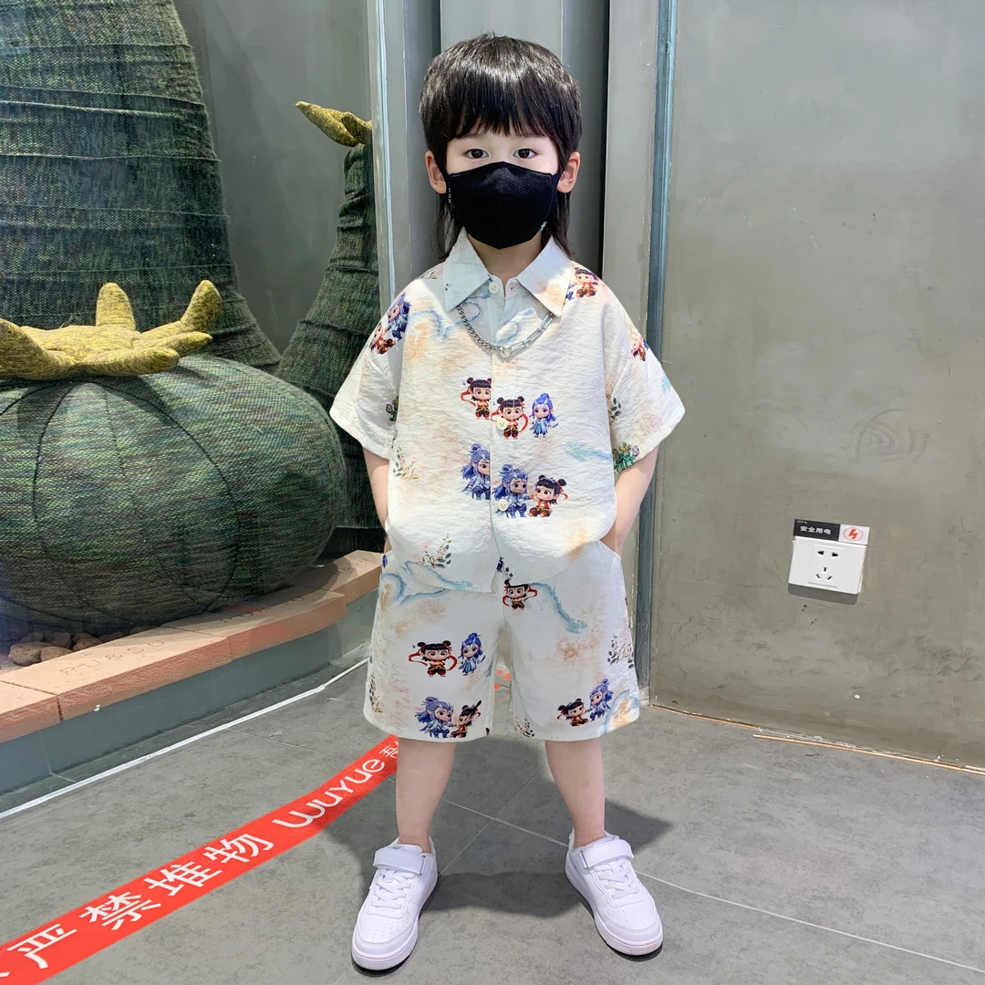 哪吒衬衫男童夏季短袖套装服装新款洋气儿童帅气小男孩时髦两件套