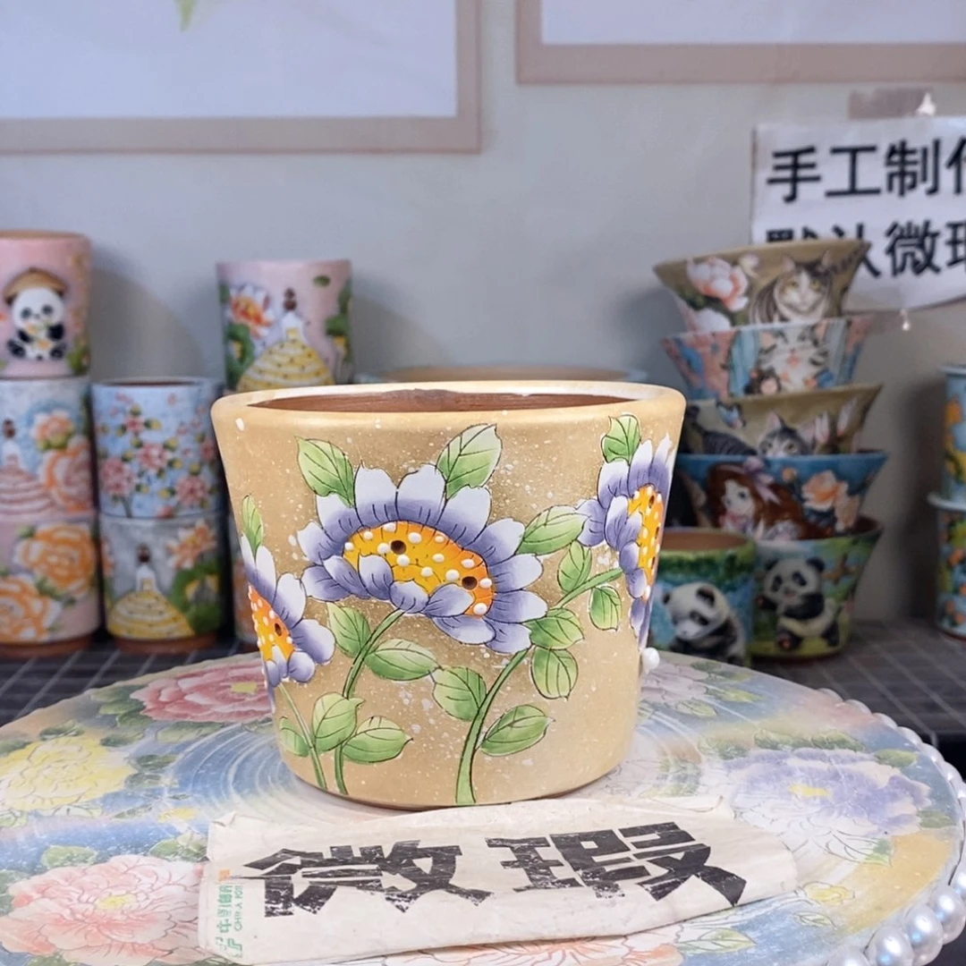 紫砂花盆红陶手绘花盆