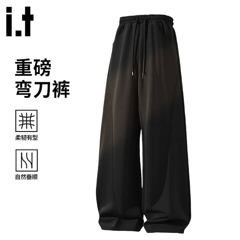 i.t izzue痞帅潮男裤子休闲重磅美式宽松长裤垂坠感男款弯刀卫裤