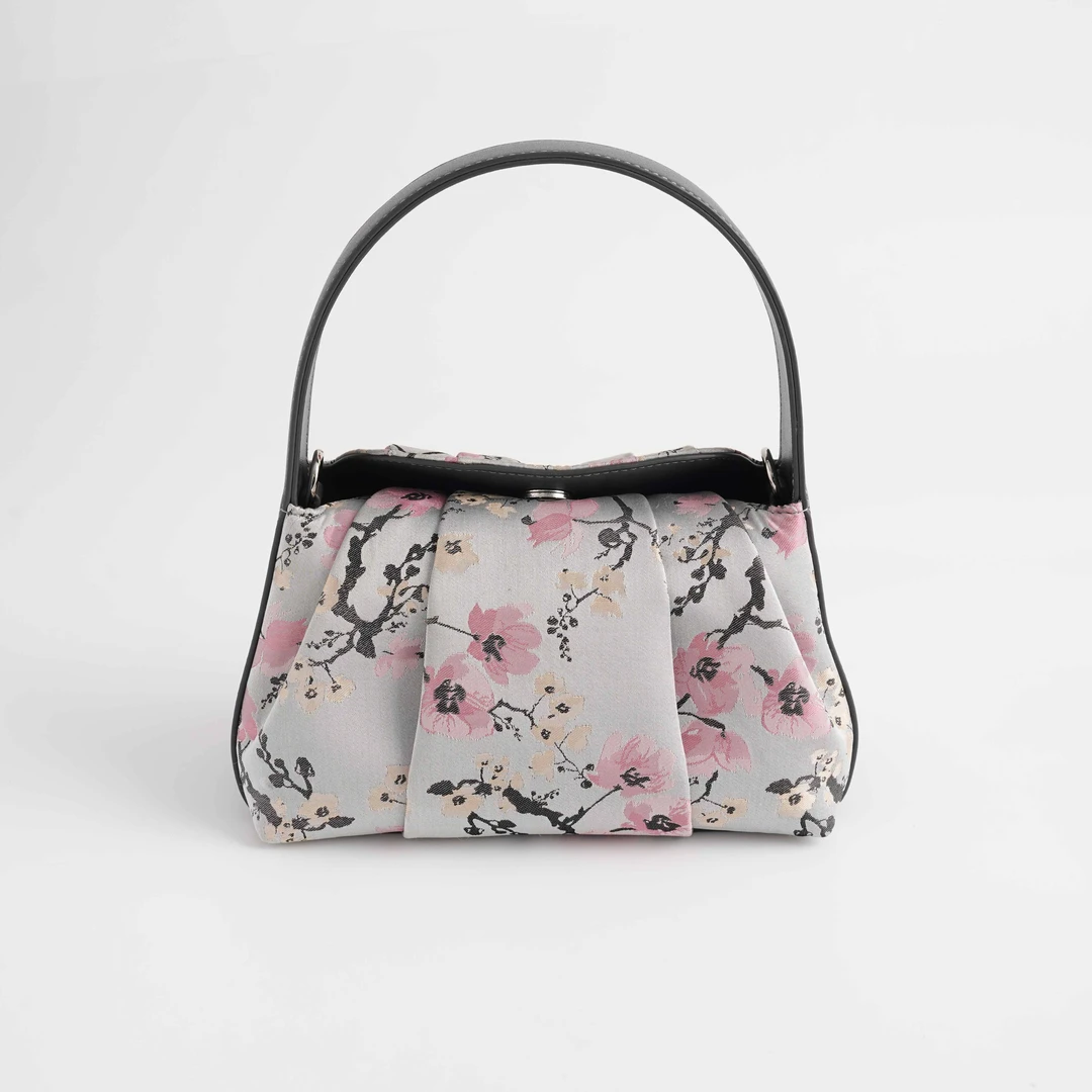 西子【粉梅锦袋】/非遗梅花宋锦牛皮新中式灰粉色手提女包/BBGD009