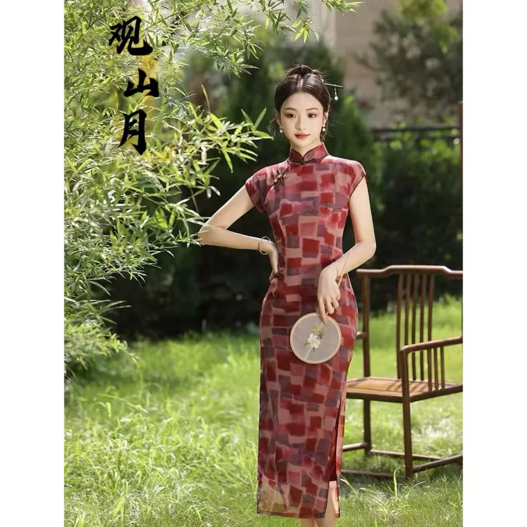 观山月【江南春】新款半开襟复古显白显气质旗袍裙 S-3XL