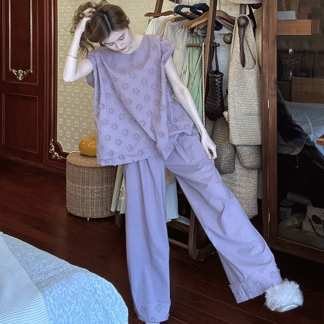 族玛士长裤短袖圆领夏季纯棉睡衣家居服套装刺绣紫色女装大码薄款