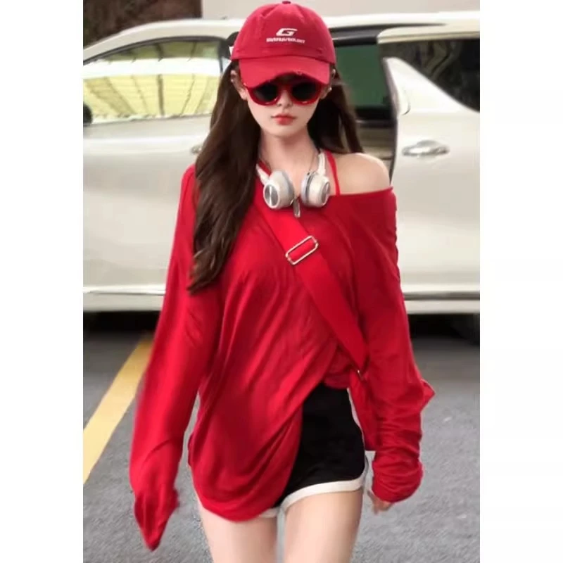 红色露背长袖防晒T恤女夏季薄款外搭罩衫独特别致露肩空调衫上衣