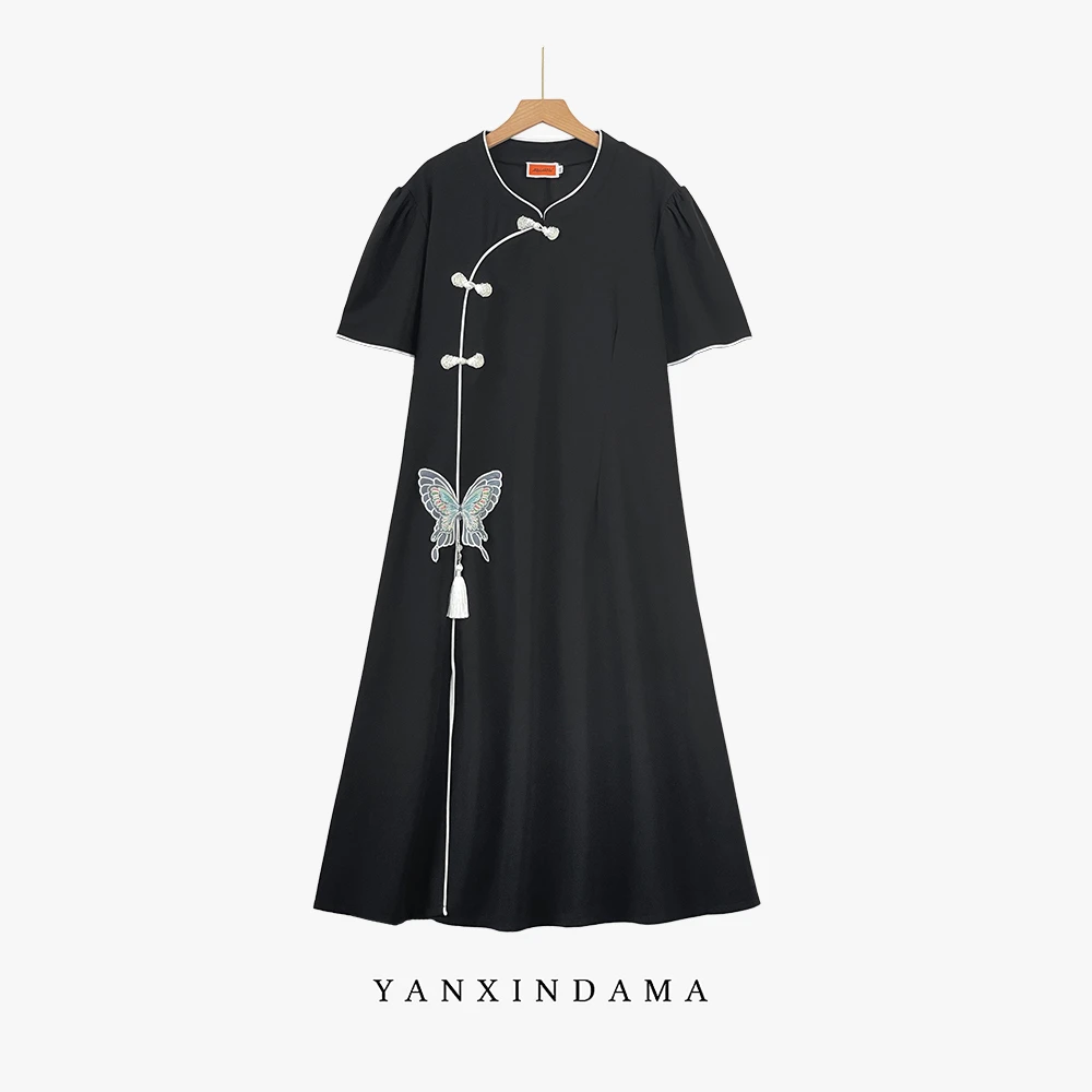 【岩心】大码女装300斤胖MM新中式国风气质蝴蝶高腰连衣裙1294