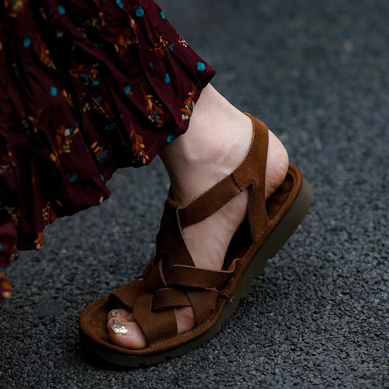 手工牛皮复古凉鞋女2025夏季新款软面平底时尚百搭透气轻奢凉拖鞋