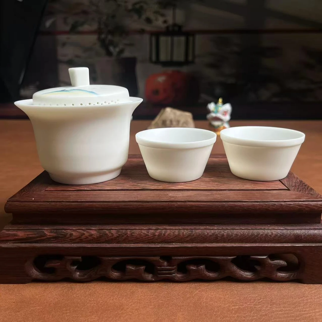 羊脂玉素烧盖碗+2杯（金亭山水）旅行茶具-6463