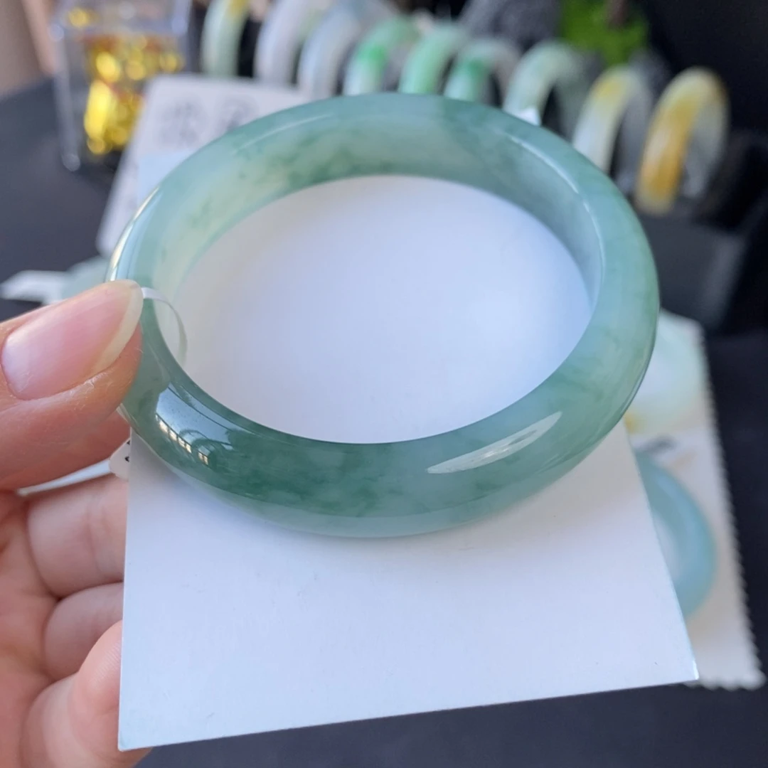 翡翠未镶嵌手镯冰湖绿花54