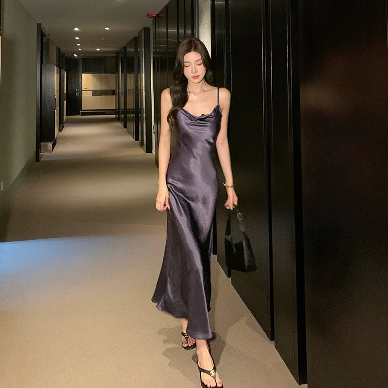 法式紫色氛围感荡领吊带长裙2025夏季新款御姐气质收腰显瘦连衣裙