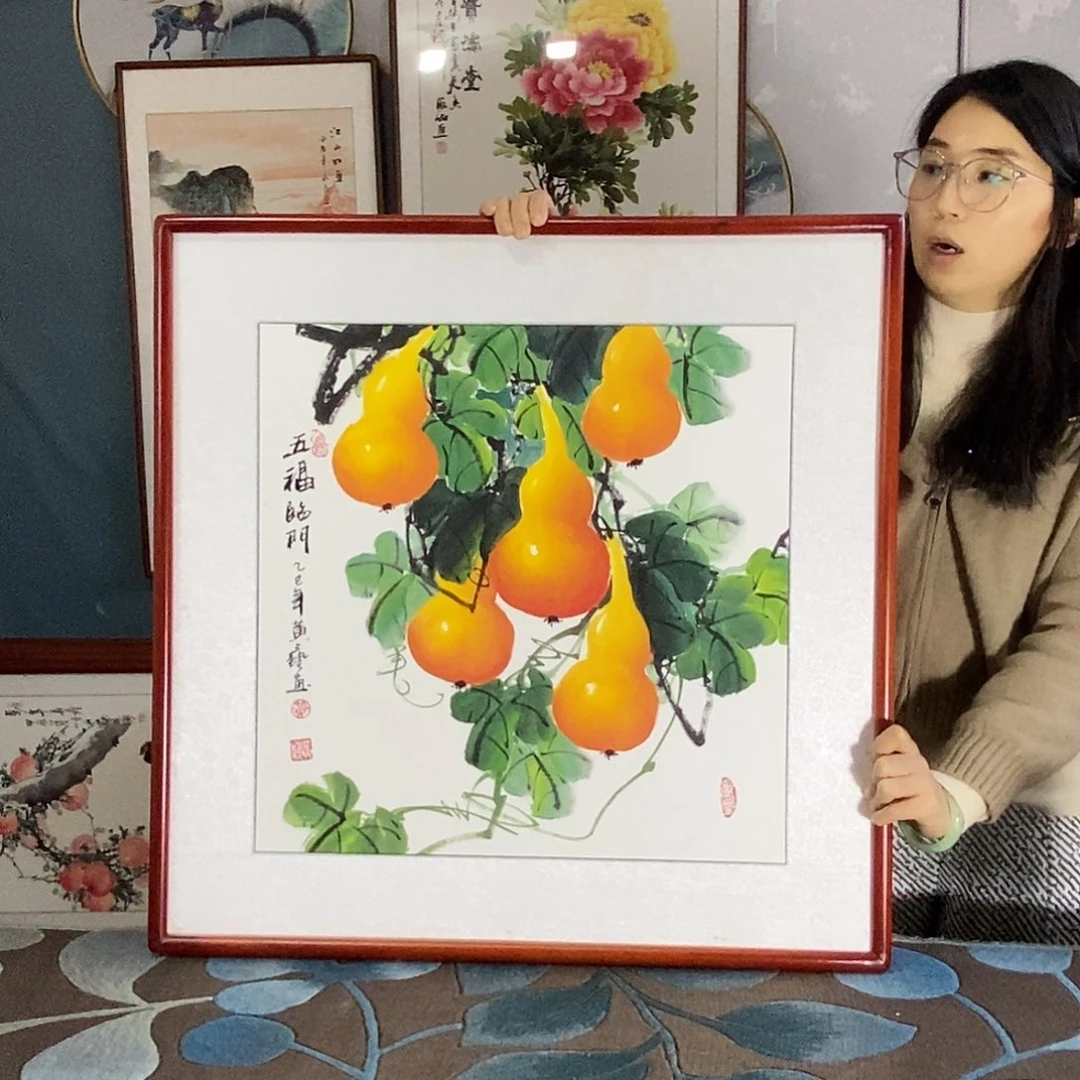 国画手写手绘带框包邮国画作品68✖️68