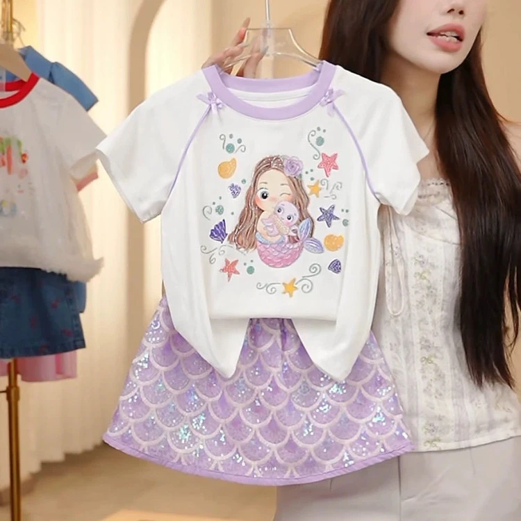 夏装女孩夏季宽松网红连衣裙水母衣洋气套装美人鱼亮片公主裙2025