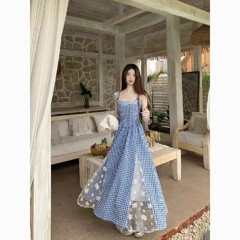 甜美格子吊带连衣裙 收腰显瘦网纱拼接 有头巾两件套