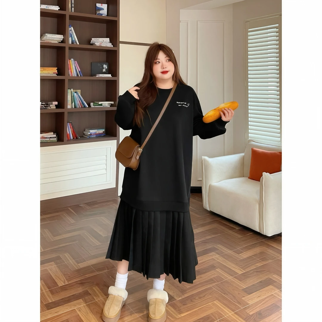 花契“冰岛雾凇”大码女装冬季简约200斤胖mm加绒休闲连衣裙16241-C