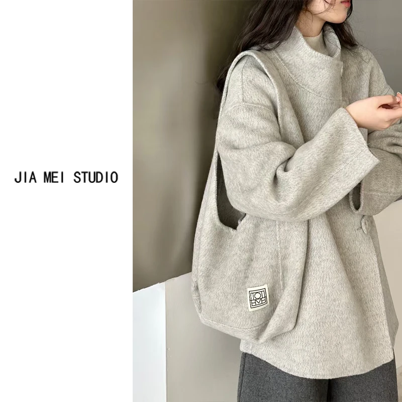 A177小个子短款鱼鳞纹羊毛大衣韩系立领包包宽松显瘦气质毛呢外套