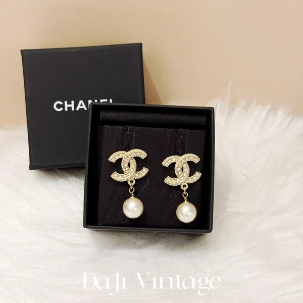 大吉中古/CHANEL香奈儿金色双c珍珠吊坠耳钉