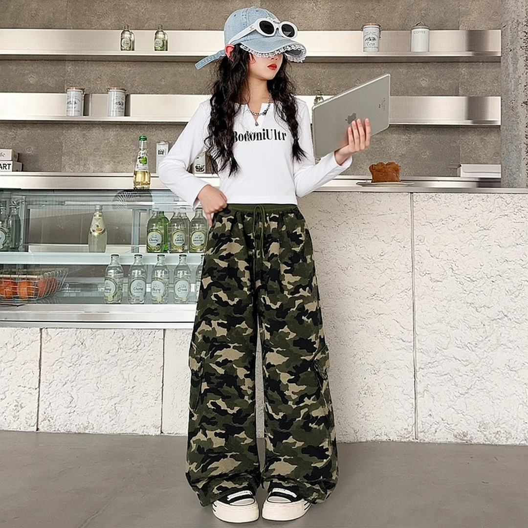 女童迷彩工装裤2025新款儿童春秋款休闲直筒裤中大童秋季阔腿裤子