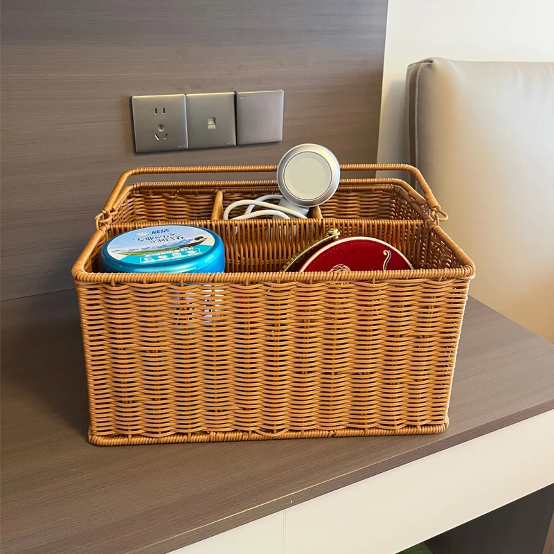 N01仿藤编手提收纳筐户外野餐餐具篮子分格化妆品子工具收纳箱子