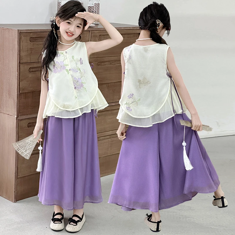 2025新款夏季复古风女童无袖背心紫色裤子儿童时尚洋气中式两件套