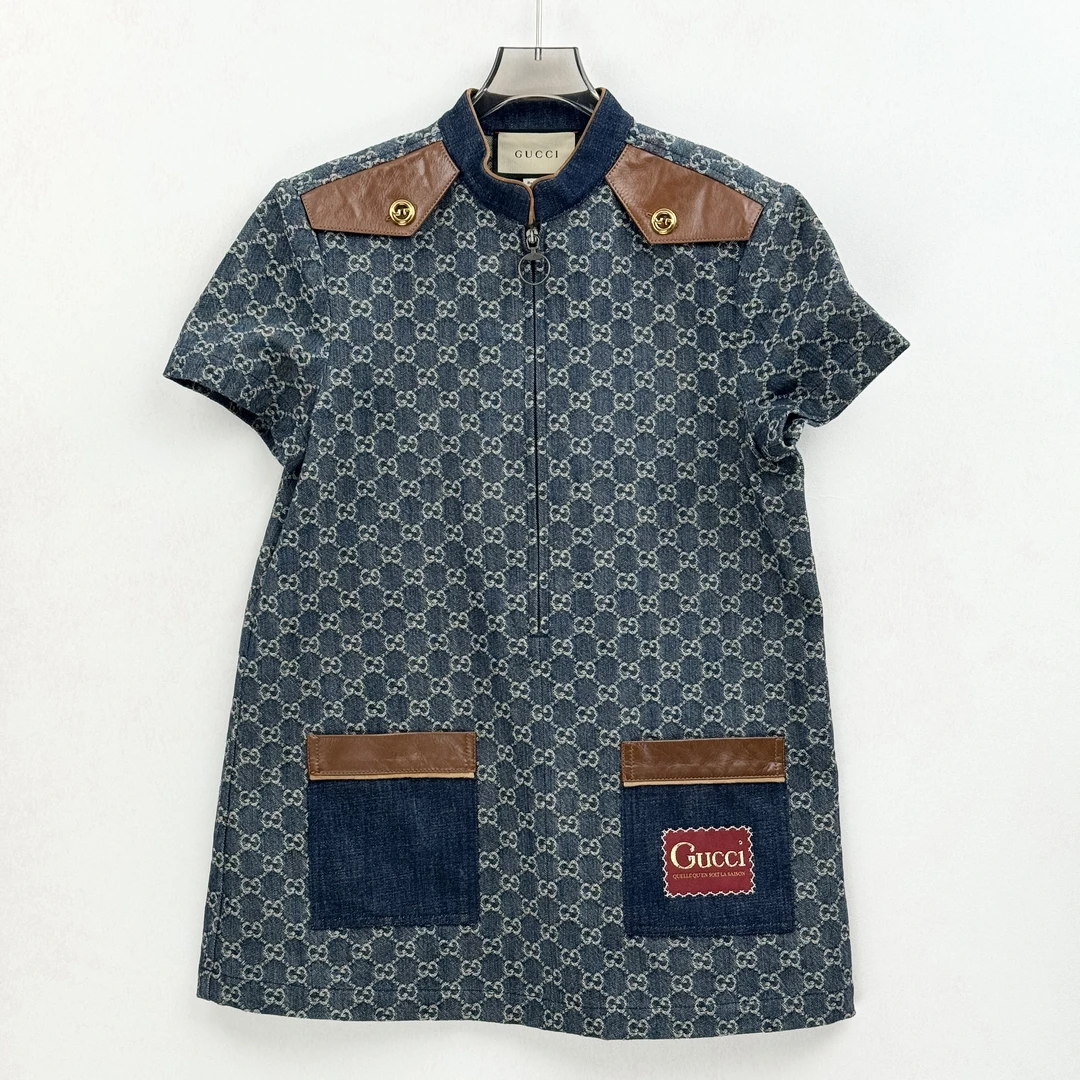 99新 GUCCI/古驰 满印logo牛仔连衣裙/42码