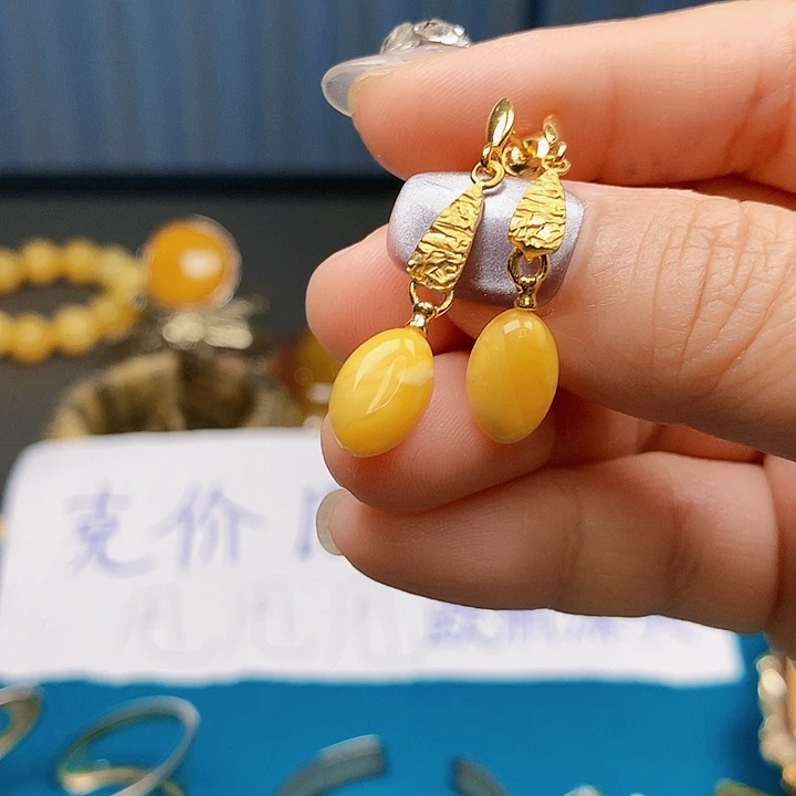 琥珀银S925镶嵌耳饰波兰设计款琥珀蜜蜡