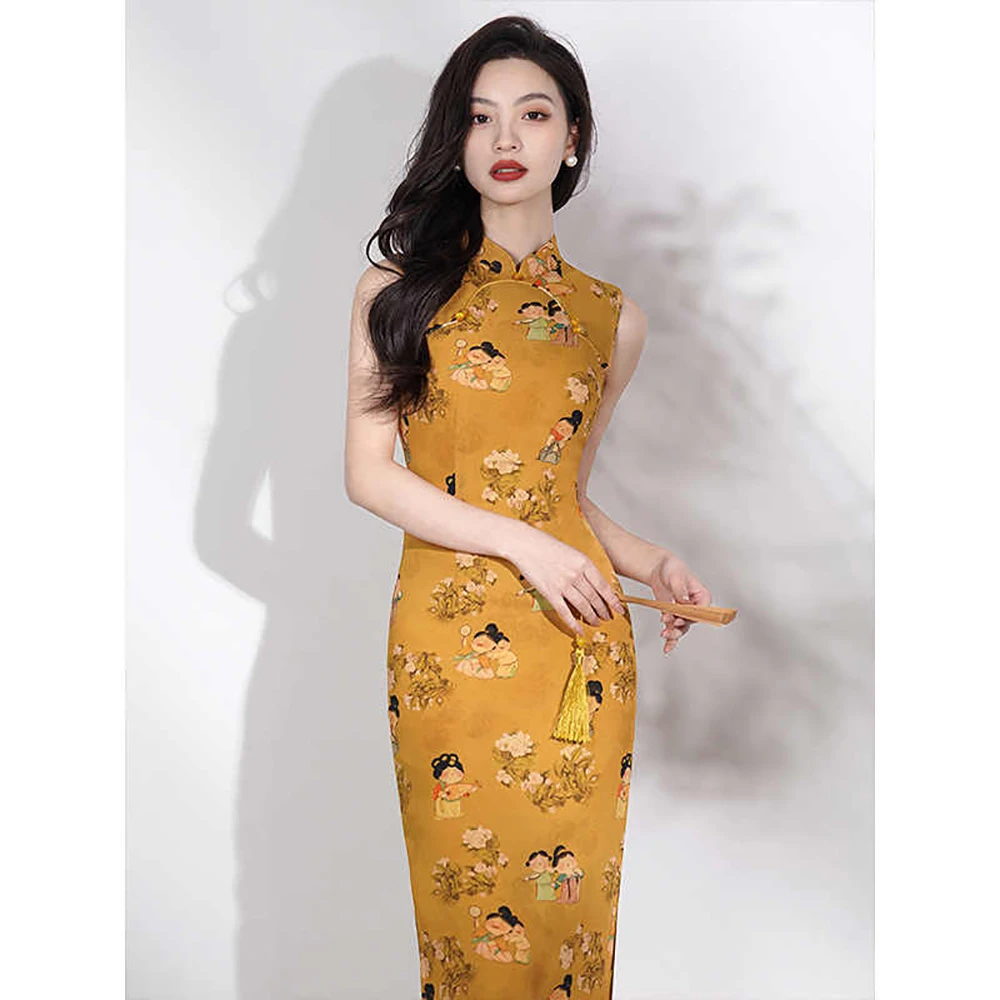新中式丨2025新款丨春夏无袖黄色仕女图显白温柔可爱气质旗袍日常