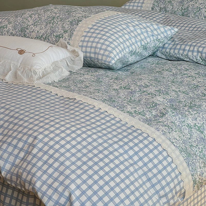 新款100全棉拼接花边四件套韩系少女风ins