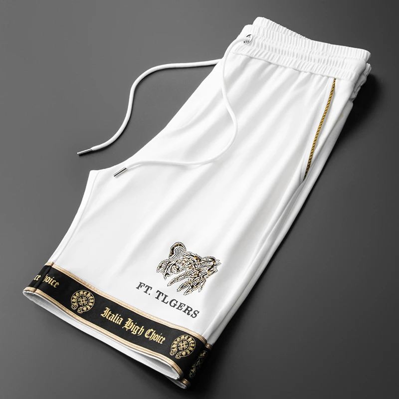 DRNL夏季白色薄款运动烫钻裤子潮流百搭中裤宽松轻奢休闲短裤男