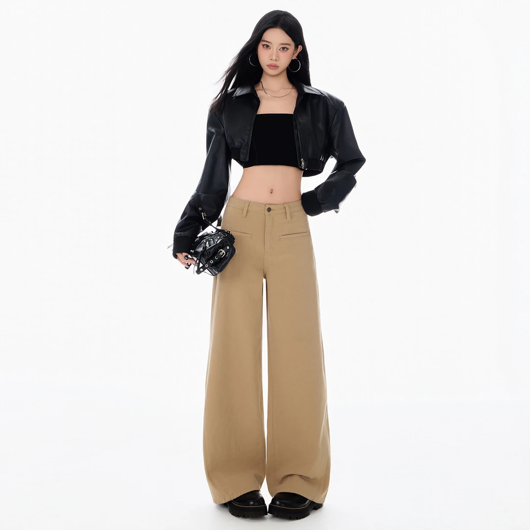 BRN复古卡其色阔腿牛仔裤女2025年秋季设计感垂感舒适直筒拖地裤