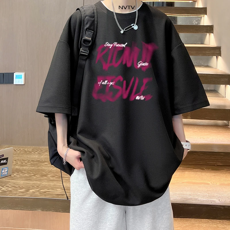 夏季华夫格短袖t恤男ins宽松潮牌圆领上衣服潮流百搭港风简约体恤