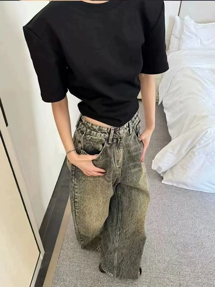 【宝儿姐优选】百搭垫肩纯色短袖t恤