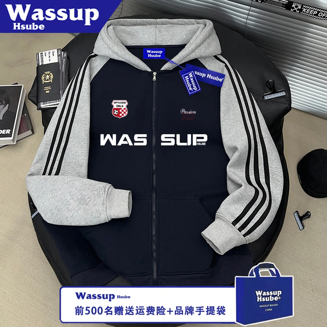 WASSUP HSUBE美式印花袖秋冬上衣长拉链盾牌高级感情侣三条杠宽松