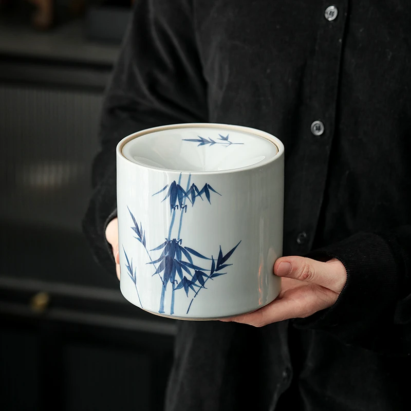 中式陶瓷烟灰缸复古手绘大号家用客厅建水茶渣缸茶道茶桌实用配件