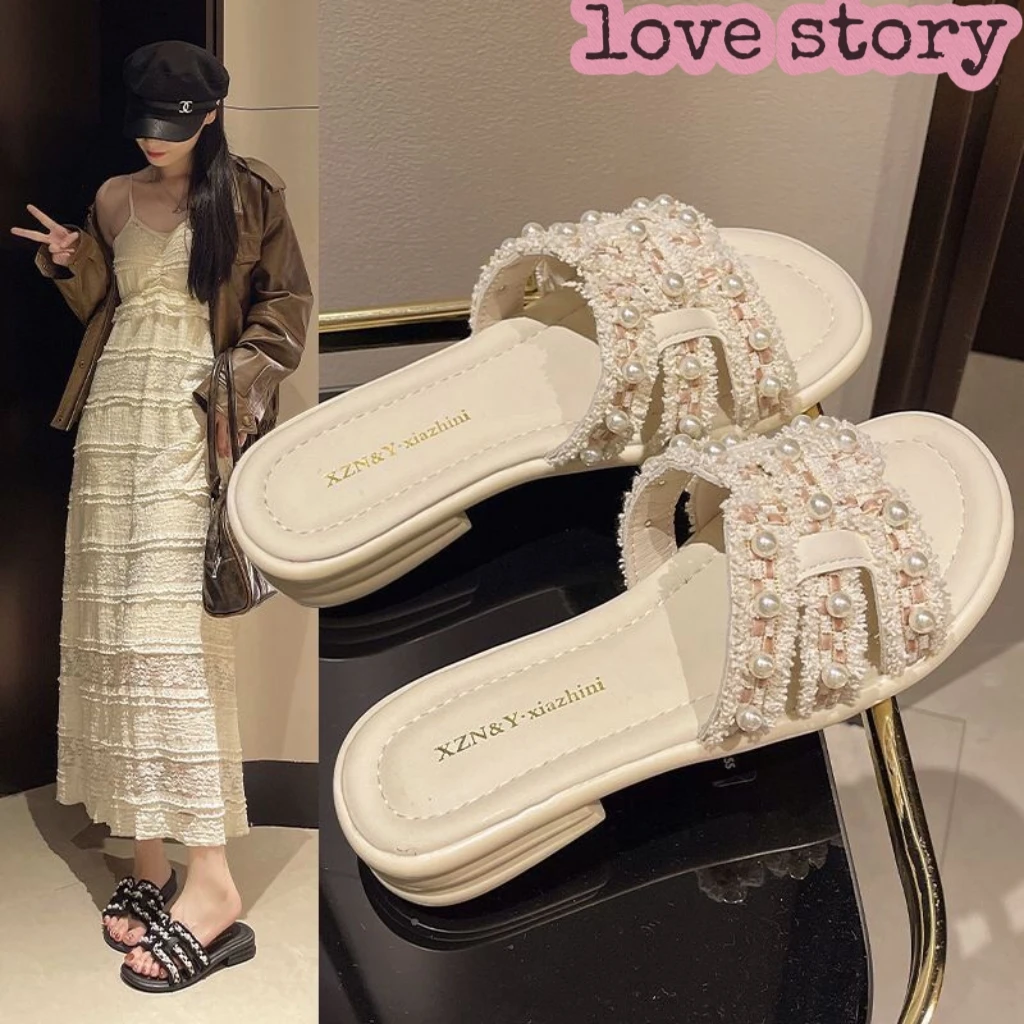 法式粗跟珍珠拖鞋女夏外穿2025新款仙女小香风时尚软底沙滩凉拖鞋