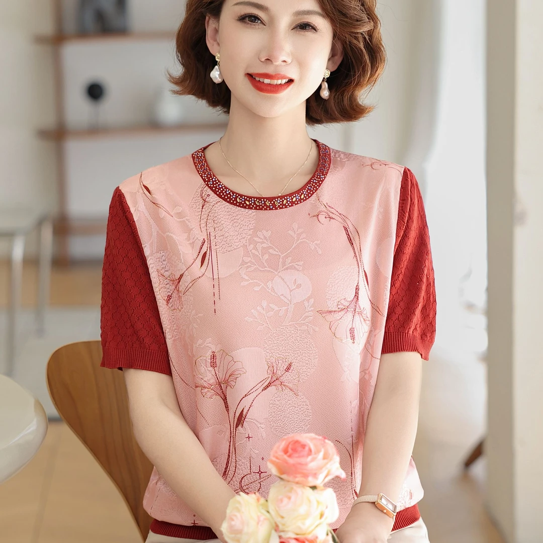 中老年女装短袖t恤高贵洋气质针织小衫时尚妈妈夏装冰丝短袖上衣
