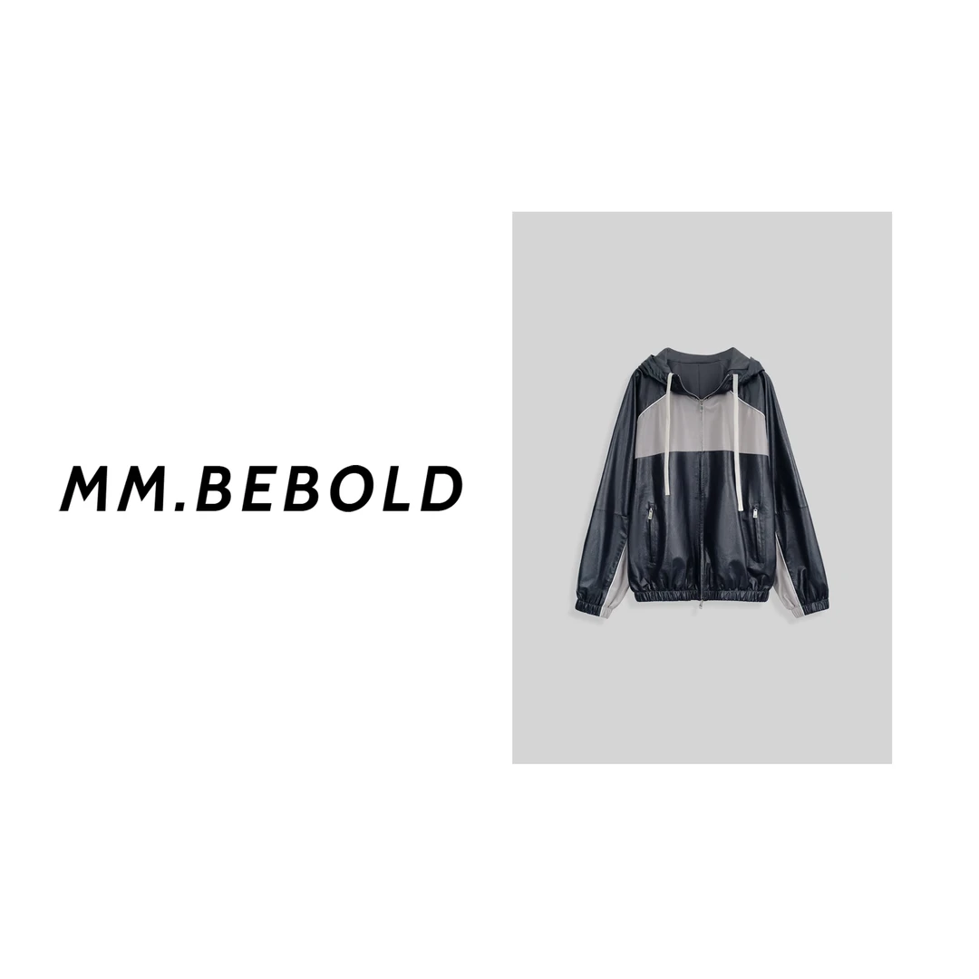 【妙姐精选】连帽抽绳拼色皮外套MO619