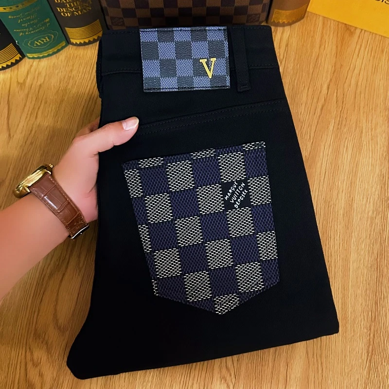 范希巴迪秋冬季黑色牛仔裤男厚款格子印花休闲弹力修身小脚长裤男