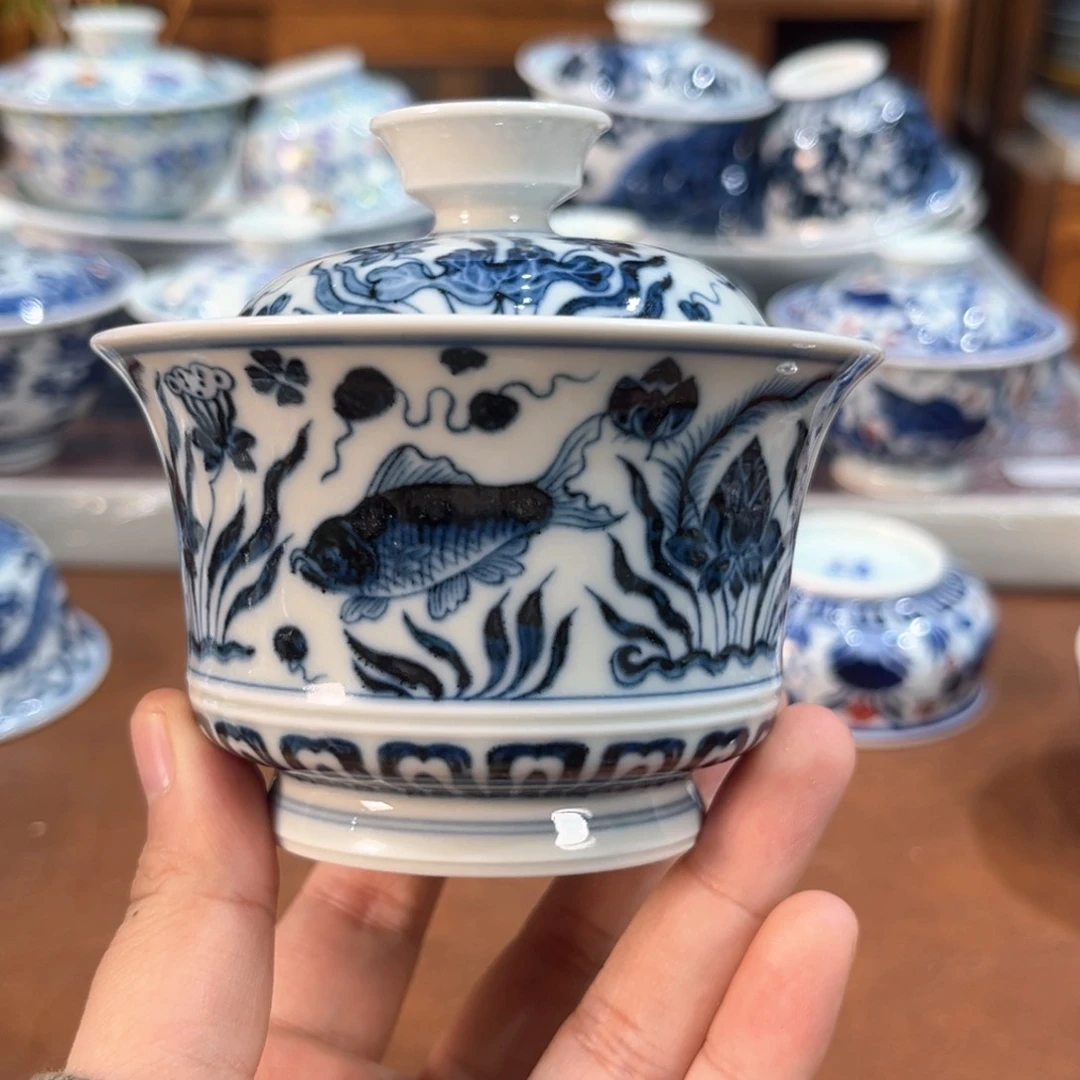 手工手绘柴窑青花鱼藻盖碗