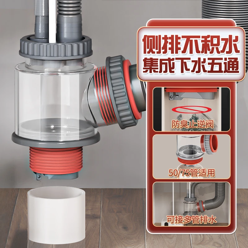 厨房下水管三通下水道分水器防反水止逆阀下水管三头通集成下水器
