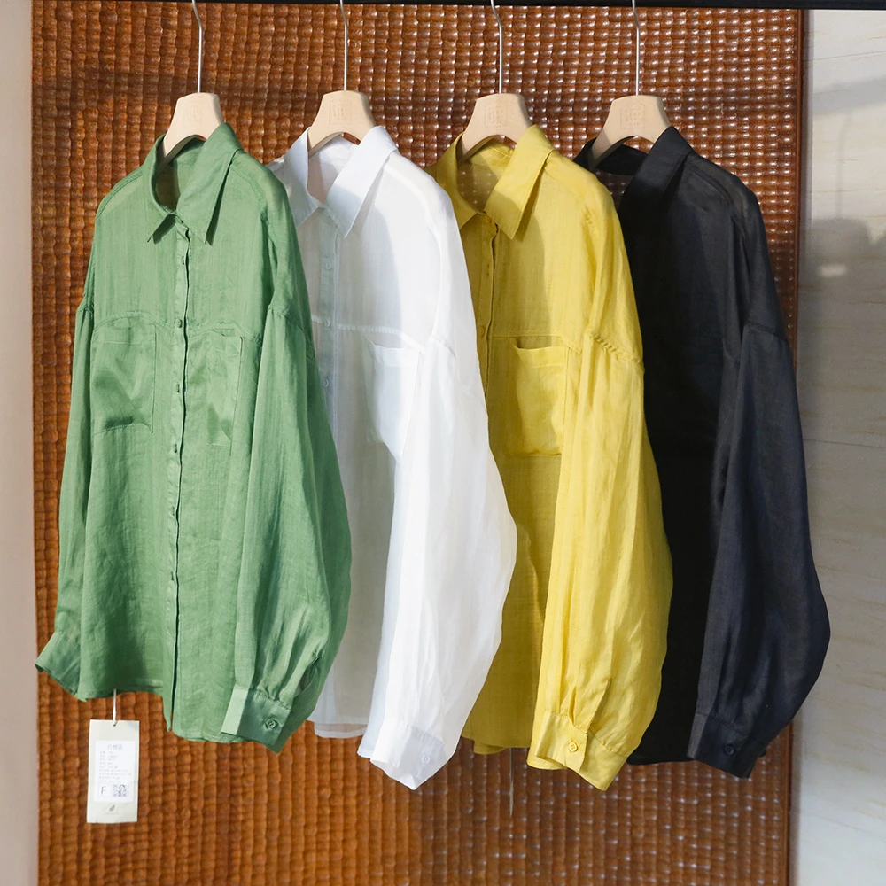 文艺双口袋苎麻长袖衬衫宽松落肩袖薄衬衣外搭防晒上衣4SP292