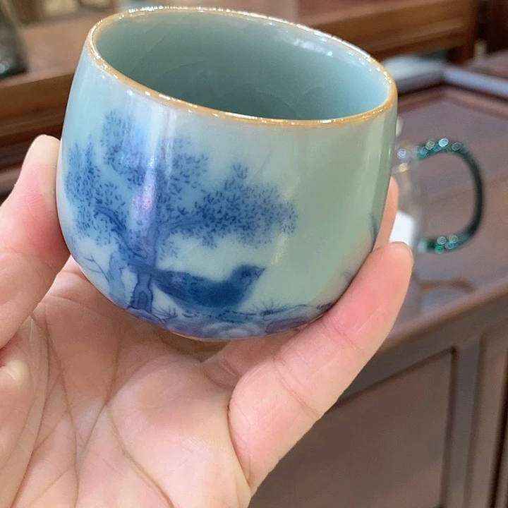 汝窑瓷器开片青花主人杯