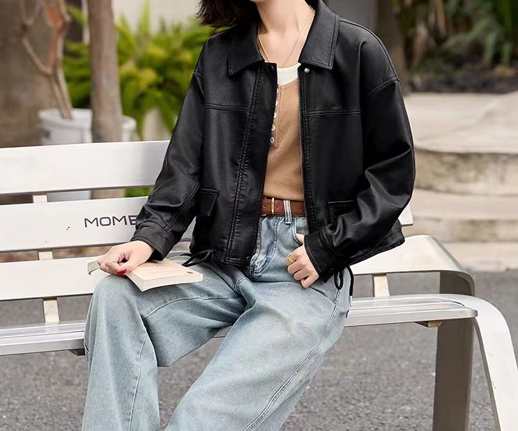 88769-DQ新款时尚下摆抽绳短款皮衣外套