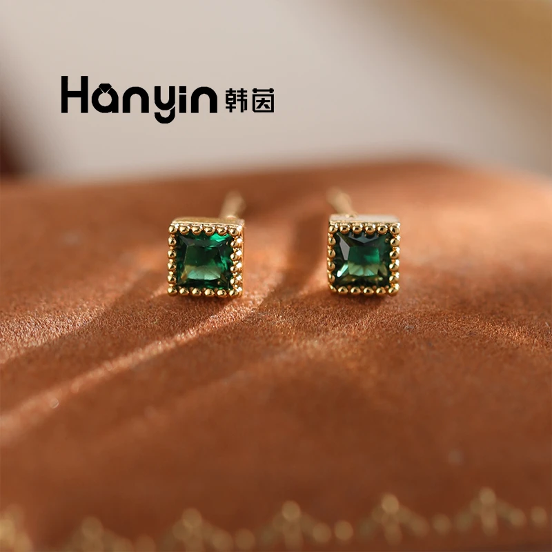 铜合金合成锆石耳饰 925银针 优雅百搭精致养耳洞绿色方糖耳钉