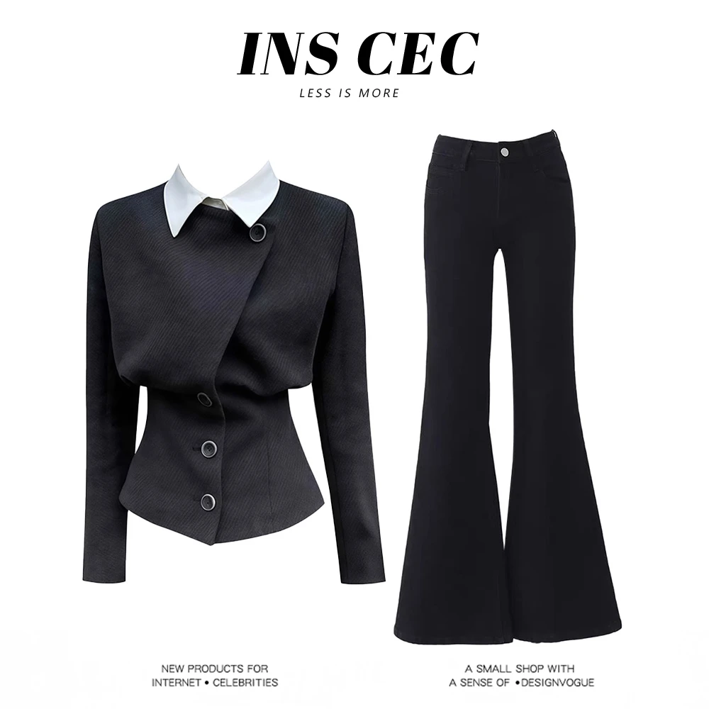 INS CEC御姐风假两件毛呢外套女秋季新款直筒显瘦牛仔裤两件套女