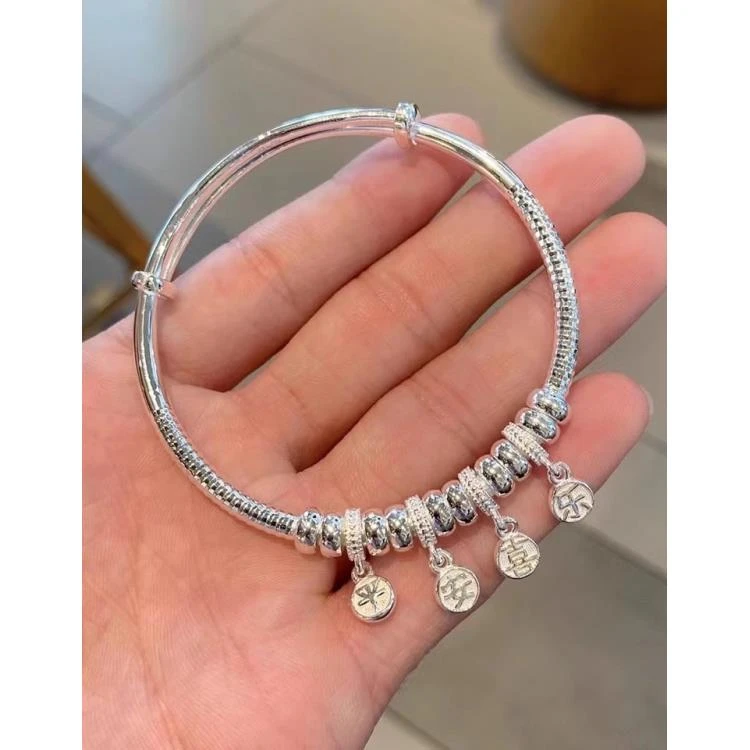 足银手镯 新平安喜乐手工时尚百搭复古珠珠单圈素款0129