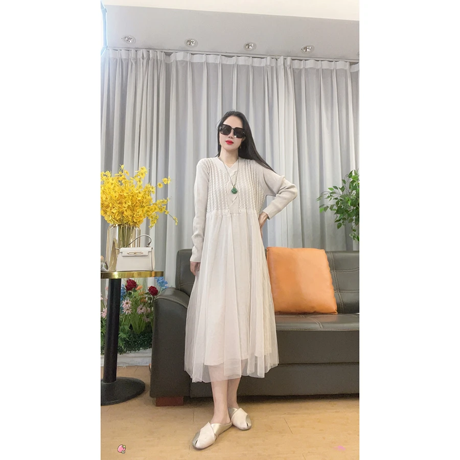 4455 大码女装长袖连衣裙早秋新款中长款裙子网纱裙摆中长裙