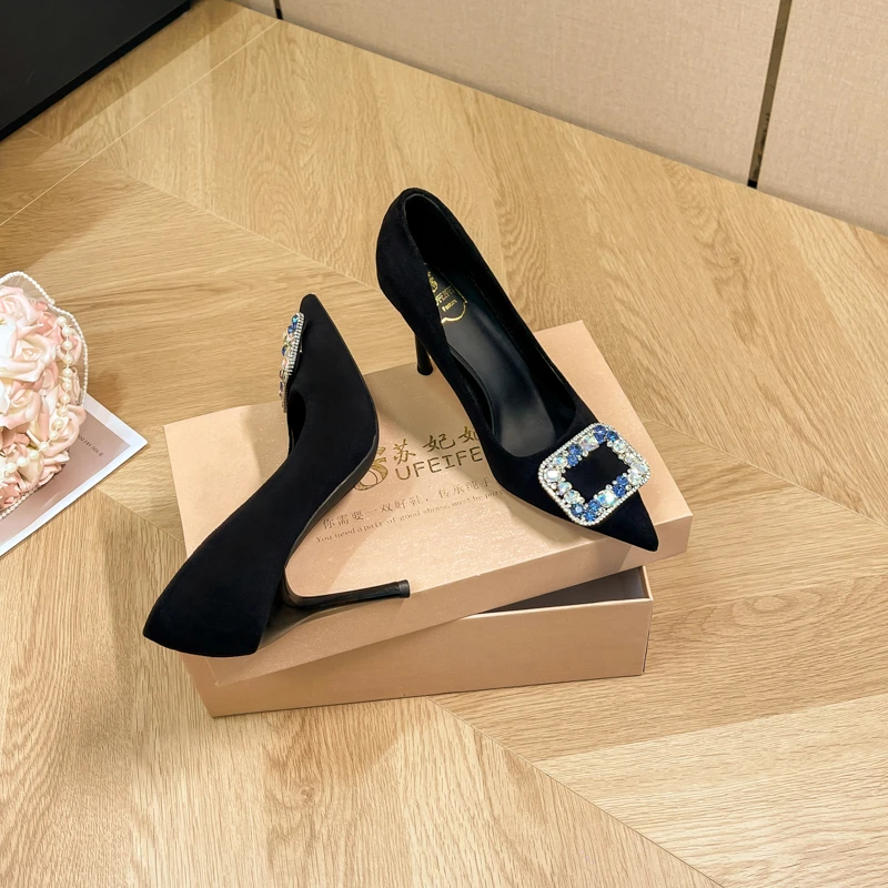 sufeifei/苏妃妃法式尖头水钻高跟鞋女细跟黑色职业浅口单鞋-529