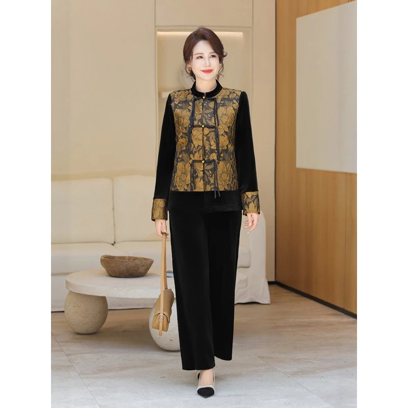 妈妈秋装新中式金丝绒套装新款中老年女装国风提花盘扣上衣两件套
