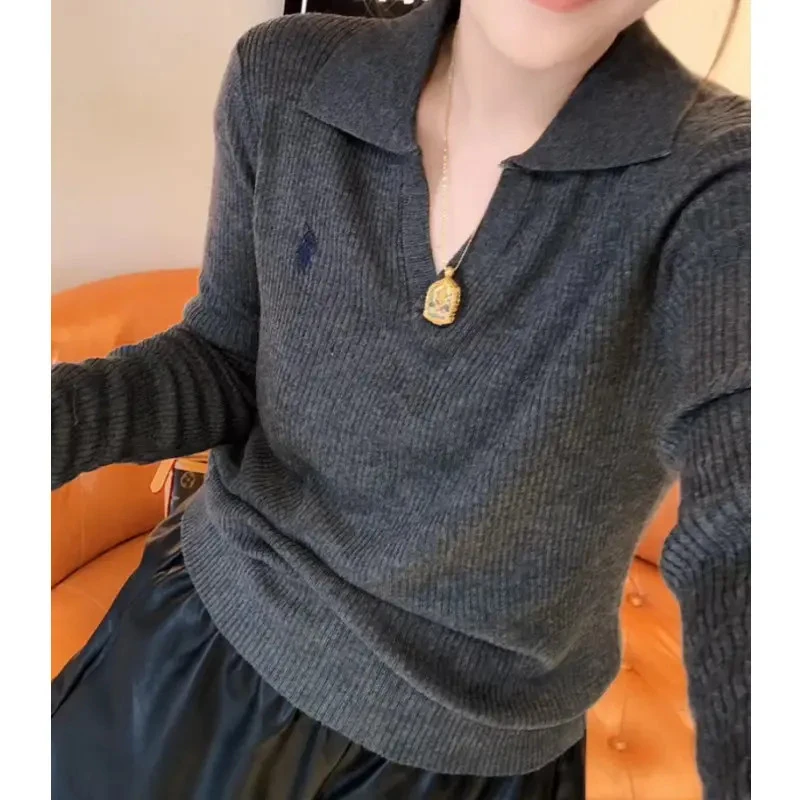 大码2025年早秋新款POLO领长袖针织衫女小个子穿搭显瘦毛衣打底衫