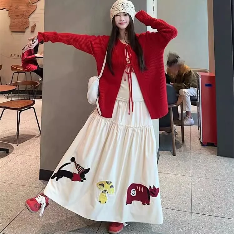 绑带开衫外套女+重工贴布绣花半身裙+打底衫套装2025大码春季新款